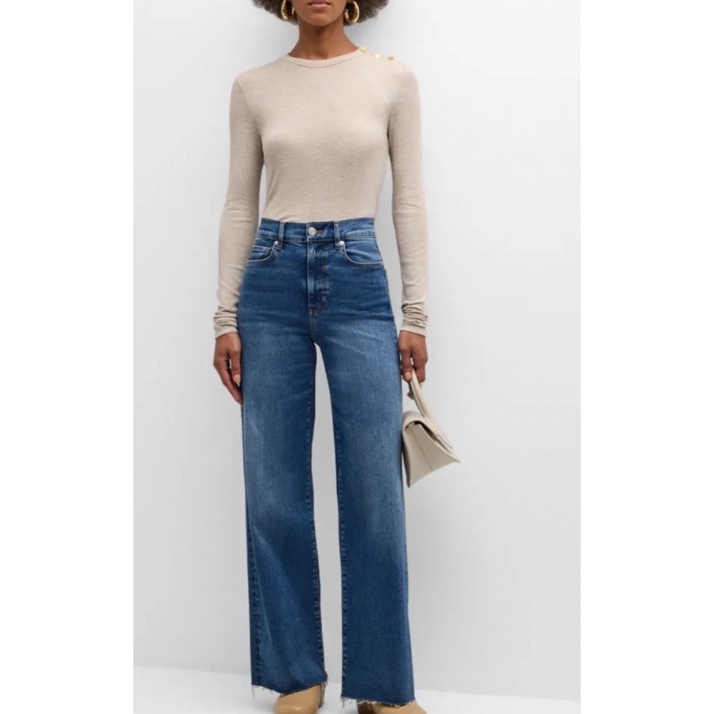 Frame Le Slim Palazzo Raw Fray Mermaid Blue High Rise Wide Leg Jeans 29 LSPRF630
